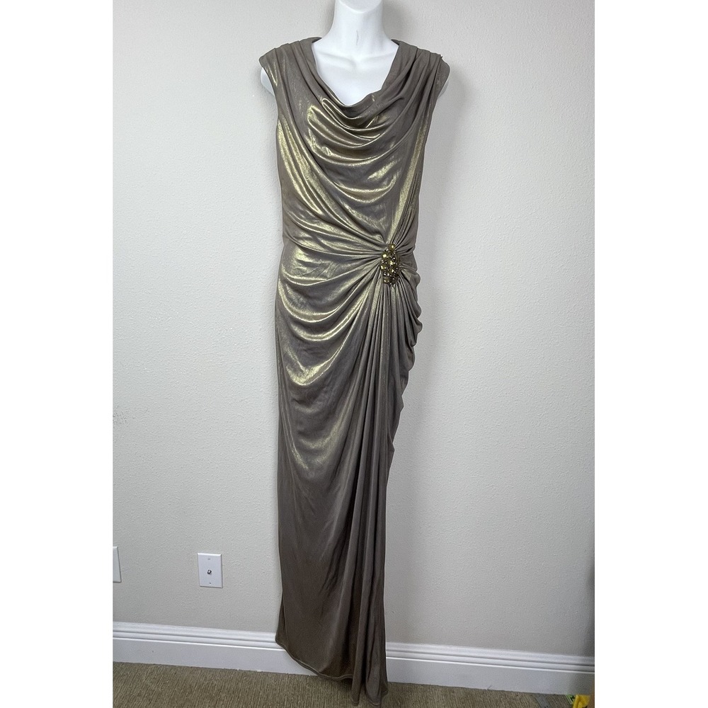 Tadashi Shoji Bronze Gold Formal Gown Size 6 Ruched Draped Maxi Wedding Guest